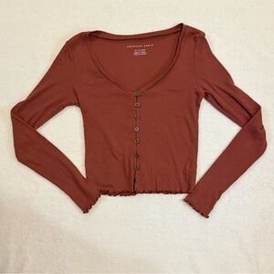 American Eagle Outfitters Cropped Brown Button-Down Shirt— size XS
